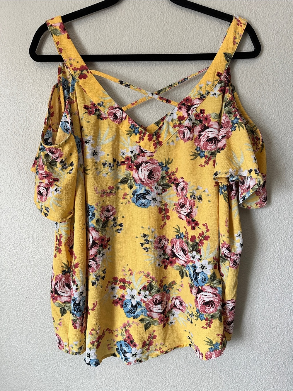 Yellow Floral Cold-Shoulder Women's Top
